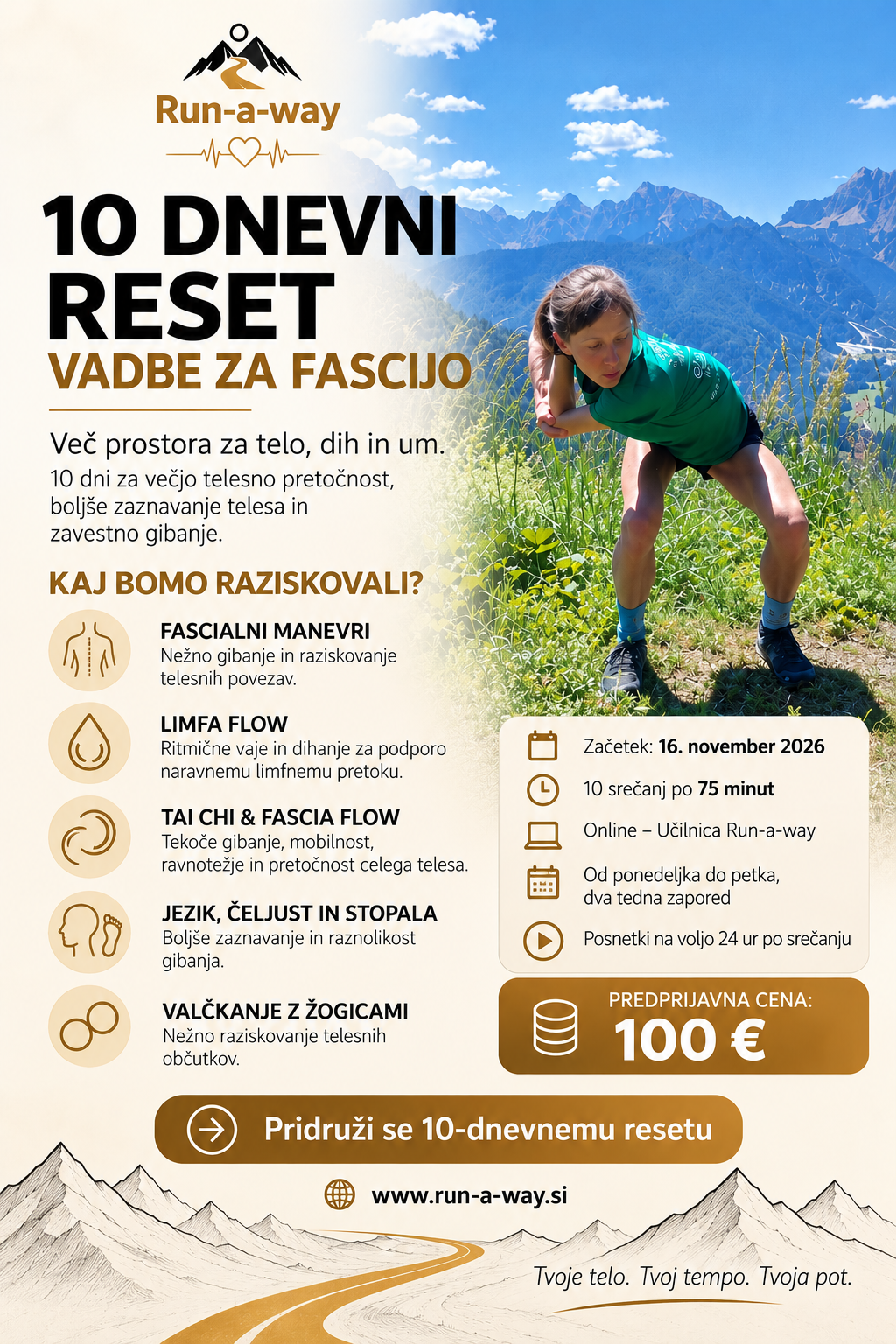 Letak 10-dnevnega reseta – vadbe za fascijo; 10 srečanj po 75 minut, začetek 16. november 2026, cena ob predprijavi 100 €